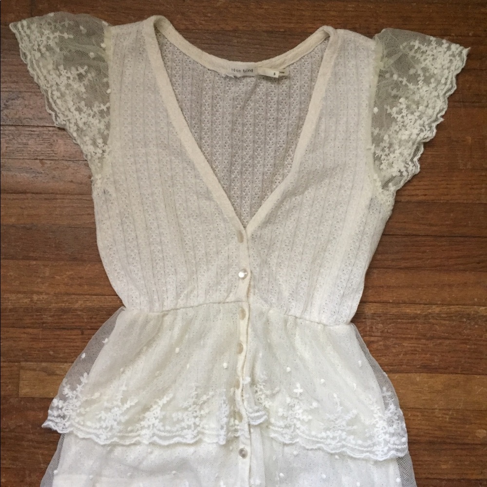 Blue Bird Top Blouse shirt Tunic Cream Lace Layers